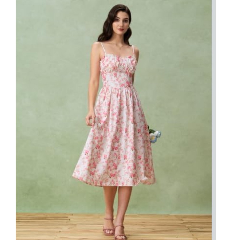 RIHOAS Pink Rose Floral Milkmaid Midi Dress White Smocked Back Romantic Fairy S